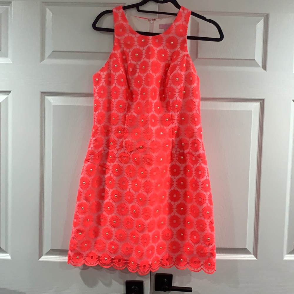 Lilly Pulitzer Size 8 shift dress- hot pink with pearl design. Great shape.